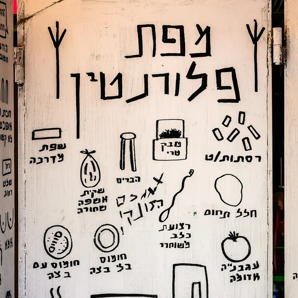 שלט מצויר ביד על קיר בפלורנטין: ״מפת פלורנטין״, עם ציורים קטנים של חנויות השכונה